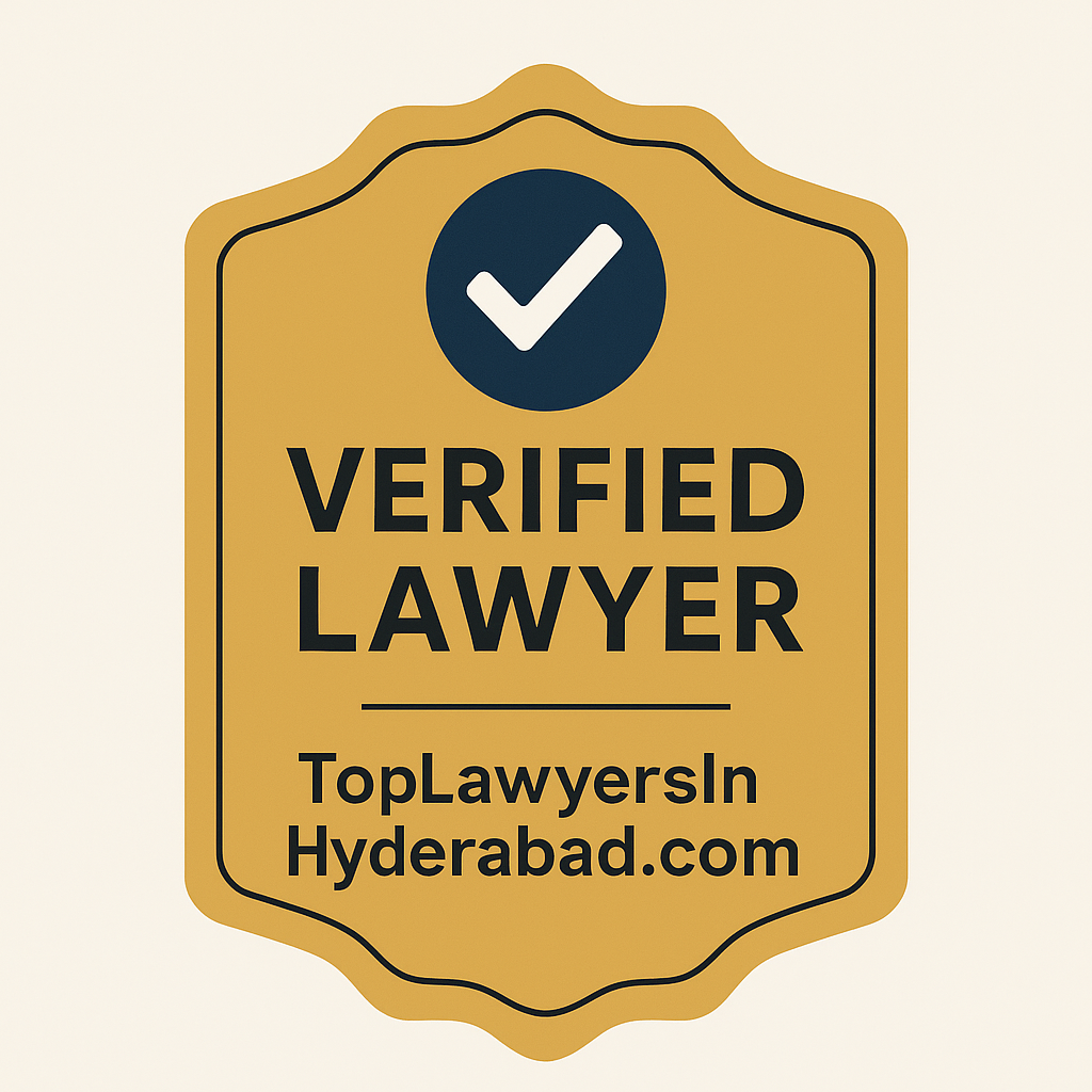 “Gold verified lawyer badge with white checkmark symbol and text reading ‘Verified Lawyer – TopLawyersInHyderabad.com’, representing trusted and verified legal professionals in Hyderabad.”